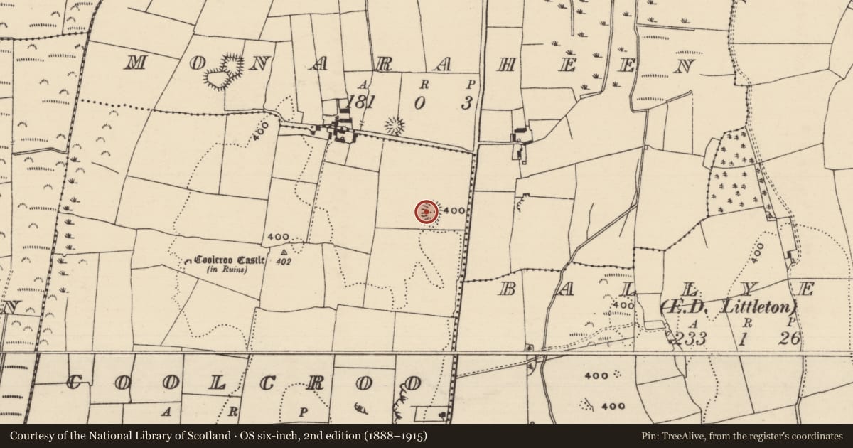 Ordnance Survey six-inch map, 2nd edition (1888–1915) covering the location of Enclosure, Coolcroo, County Tipperary North, with a pin at the register's coordinates