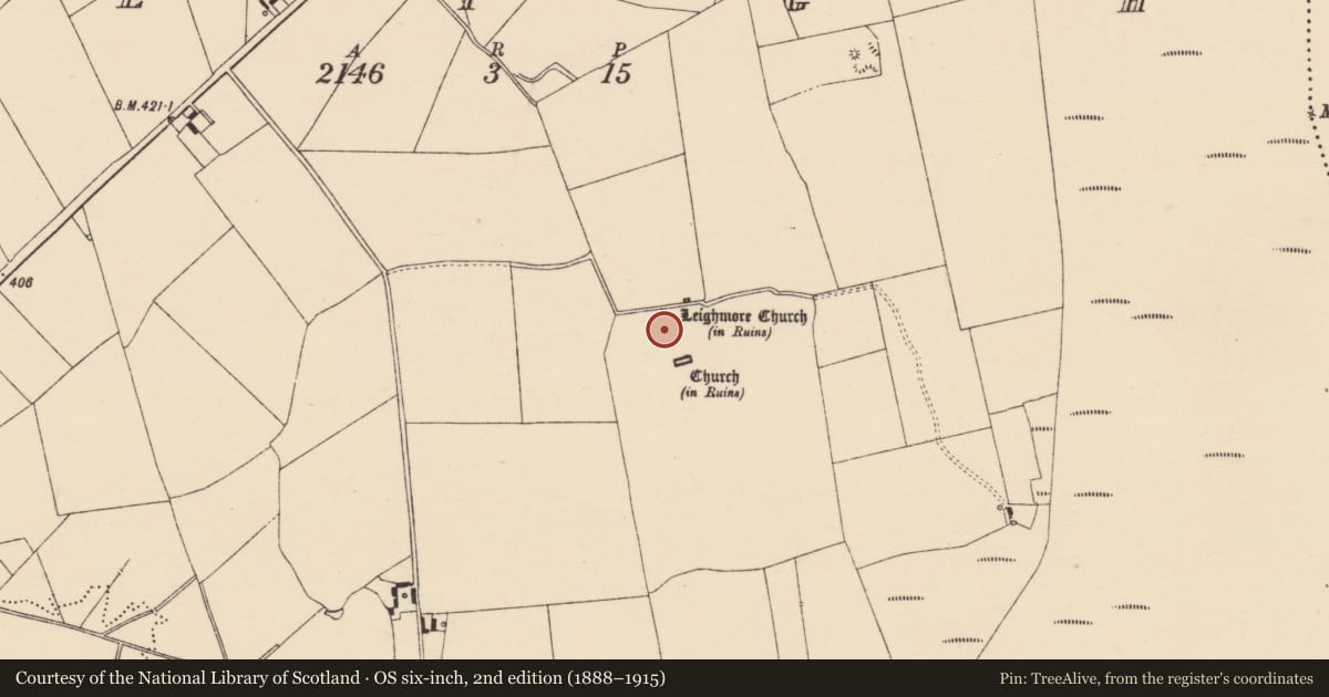 Ordnance Survey six-inch map, 2nd edition (1888–1915) covering the location of Ecclesiastical site, Leigh, County Tipperary North, with a pin at the register's coordinates