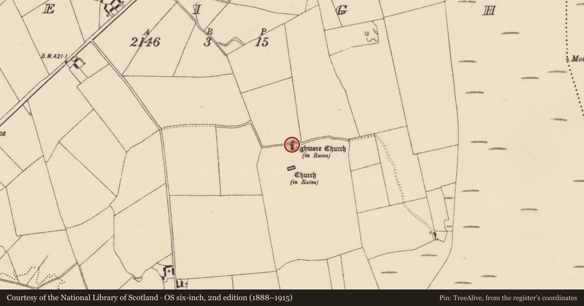 Ordnance Survey six-inch map, 2nd edition (1888–1915) covering the location of Church, Leigh, County Tipperary North, with a pin at the register's coordinates
