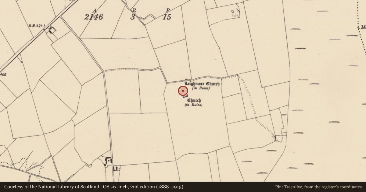 Ordnance Survey six-inch map, 2nd edition (1888–1915) covering the location of Round tower, Leigh, County Tipperary North, with a pin at the register's coordinates