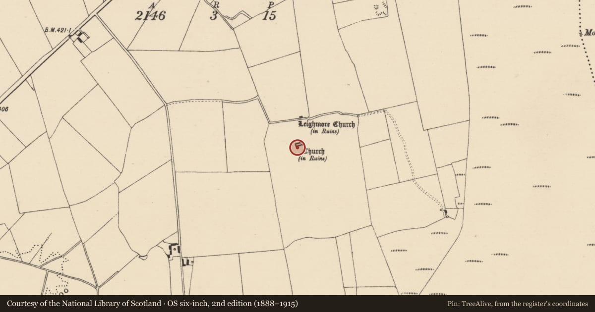 Ordnance Survey six-inch map, 2nd edition (1888–1915) covering the location of Church, Leigh, County Tipperary North, with a pin at the register's coordinates