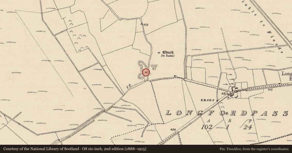 Ordnance Survey six-inch map, 2nd edition (1888–1915) covering the location of Bastioned fort, Longfordpass North, County Tipperary North, with a pin at the register's coordinates