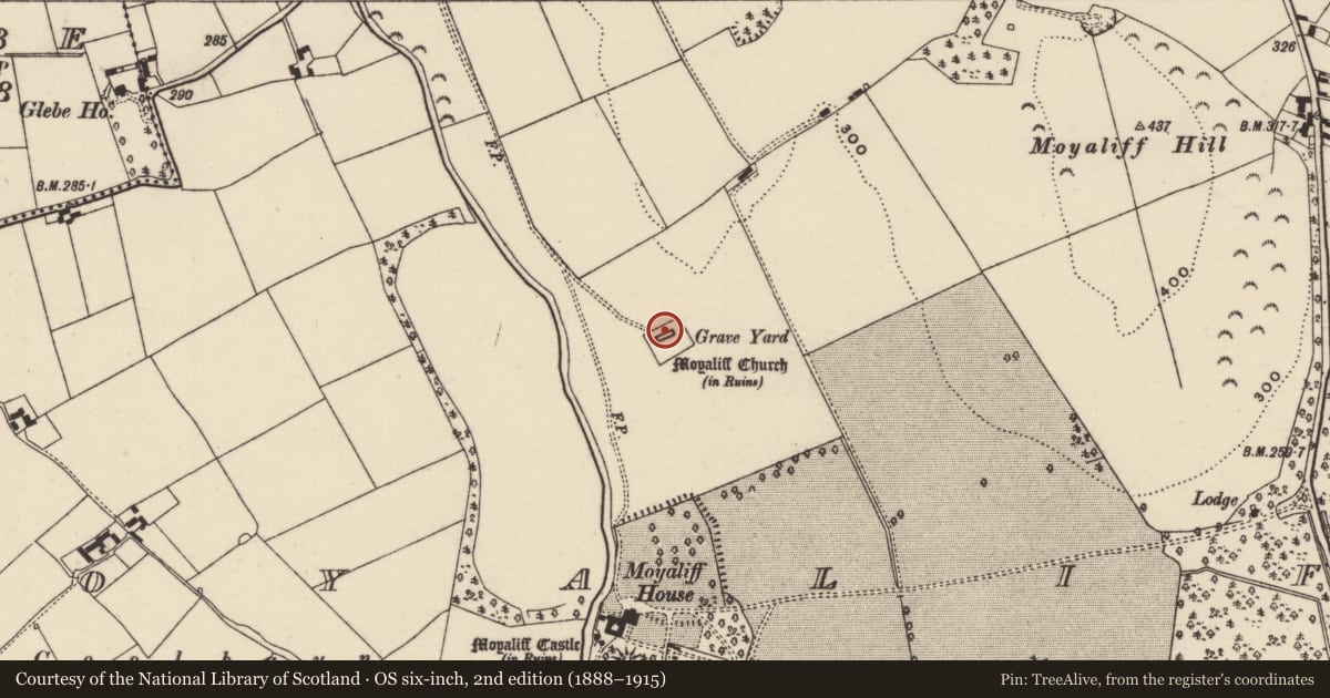 Ordnance Survey six-inch map, 2nd edition (1888–1915) covering the location of Church, Moyaliff, County Tipperary North, with a pin at the register's coordinates