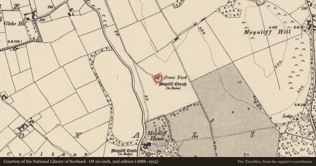 Ordnance Survey six-inch map, 2nd edition (1888–1915) covering the location of Graveyard, Moyaliff, County Tipperary North, with a pin at the register's coordinates