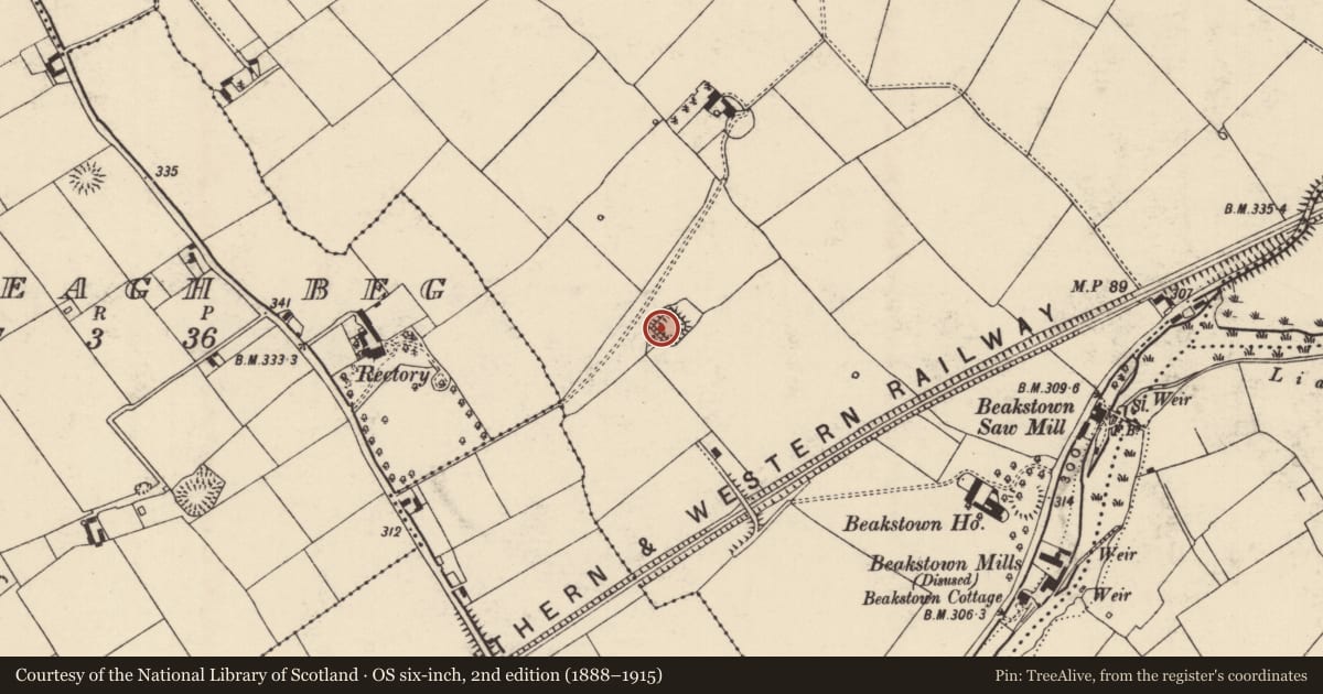 Ordnance Survey six-inch map, 2nd edition (1888–1915) covering the location of Moated site, Beakstown, County Tipperary North, with a pin at the register's coordinates