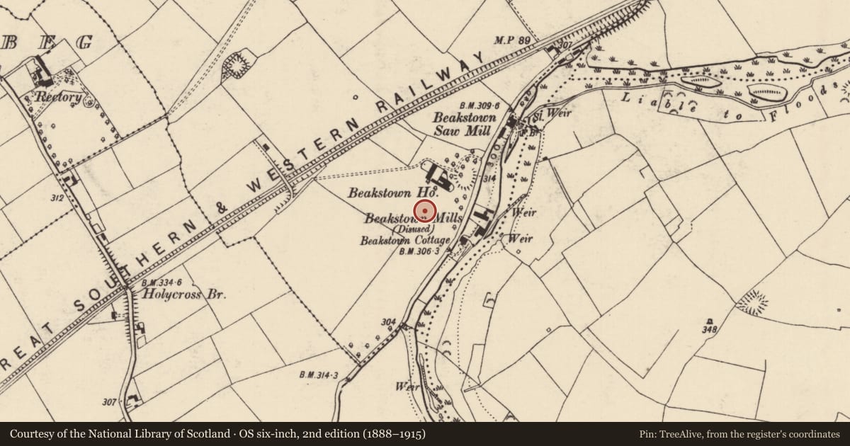 Ordnance Survey six-inch map, 2nd edition (1888–1915) covering the location of Architectural fragment, Beakstown, County Tipperary North, with a pin at the register's coordinates