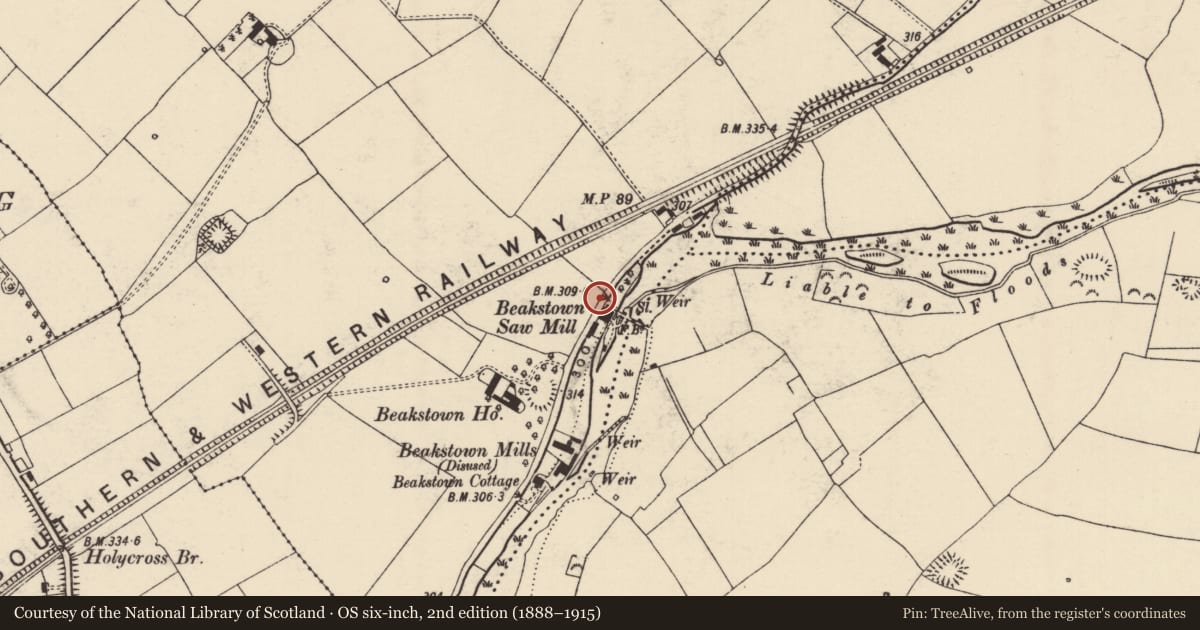 Ordnance Survey six-inch map, 2nd edition (1888–1915) covering the location of Water mill - unclassified, Beakstown, County Tipperary North, with a pin at the register's coordinates