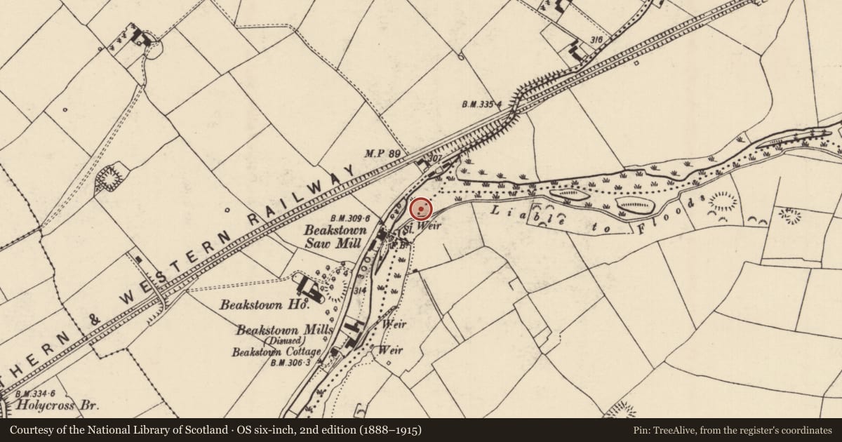 Ordnance Survey six-inch map, 2nd edition (1888–1915) covering the location of Weir - regulating, Beakstown, Fertiana, County Tipperary North, with a pin at the register's coordinates