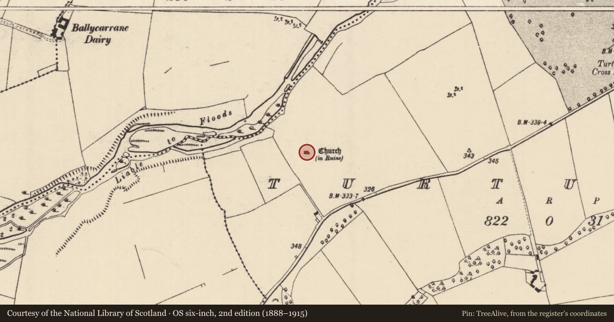 Ordnance Survey six-inch map, 2nd edition (1888–1915) covering the location of Church, Turtulla (Fertiana Par.), County Tipperary North, with a pin at the register's coordinates