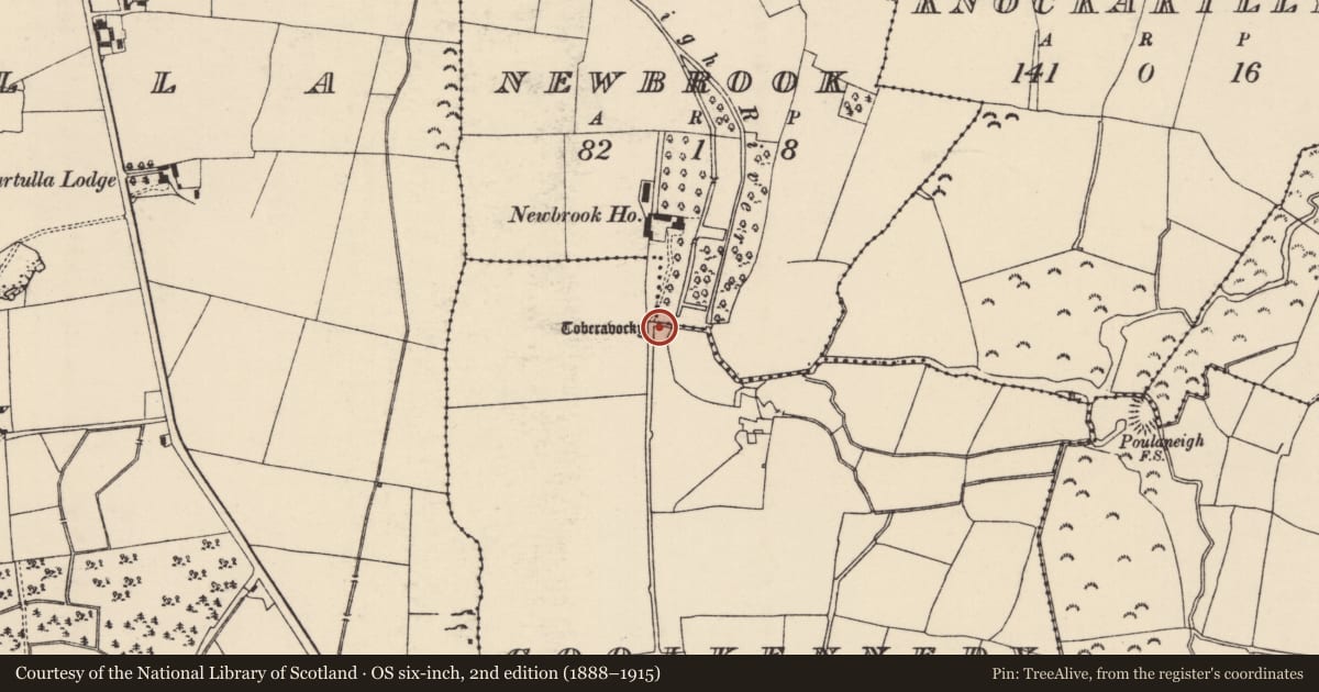 Ordnance Survey six-inch map, 2nd edition (1888–1915) covering the location of Ritual site - holy well, Coolkennedy, County Tipperary North, with a pin at the register's coordinates