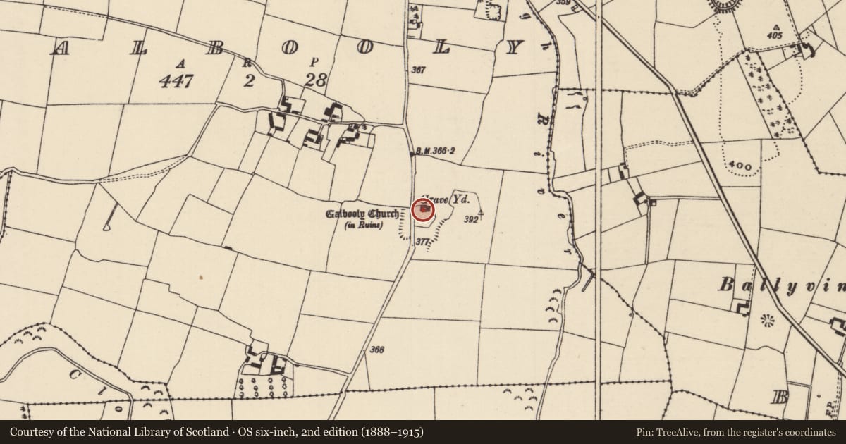 Ordnance Survey six-inch map, 2nd edition (1888–1915) covering the location of Church, Galbooly, County Tipperary North, with a pin at the register's coordinates
