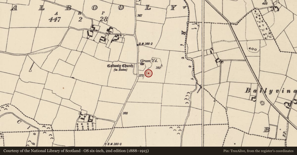 Ordnance Survey six-inch map, 2nd edition (1888–1915) covering the location of Settlement deserted - medieval, Galbooly, County Tipperary North, with a pin at the register's coordinates