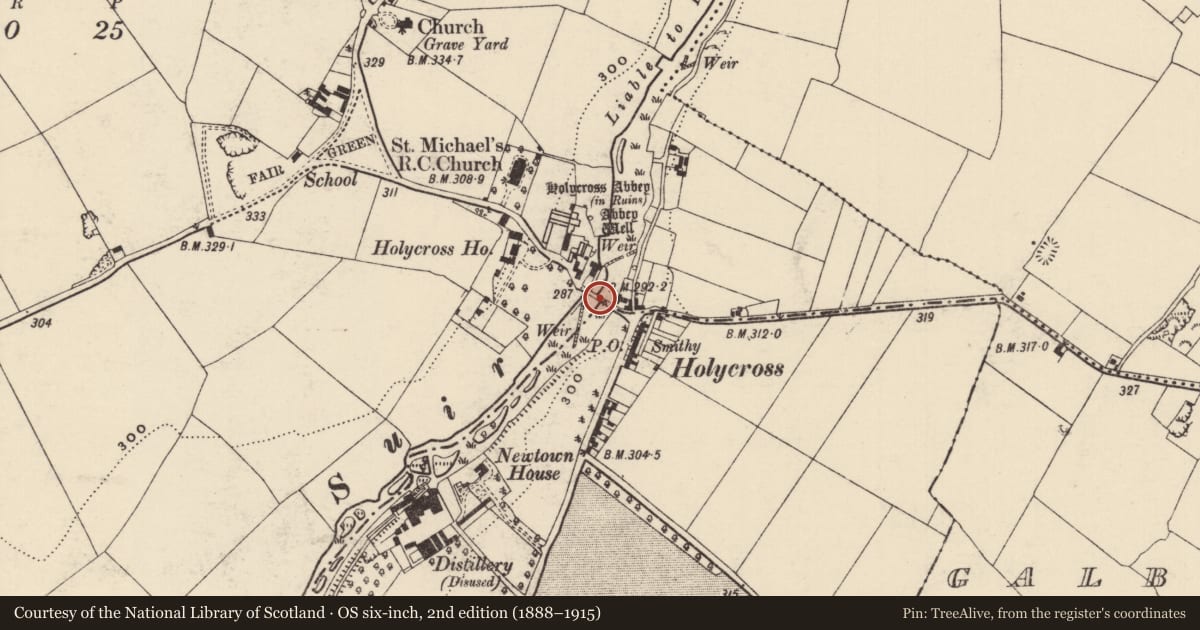 Ordnance Survey six-inch map, 2nd edition (1888–1915) covering the location of Bridge, Holycross, County Tipperary North, with a pin at the register's coordinates