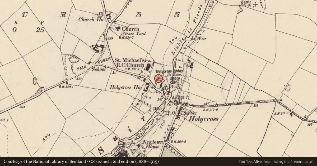Ordnance Survey six-inch map, 2nd edition (1888–1915) covering the location of Church, Holycross, County Tipperary North, with a pin at the register's coordinates
