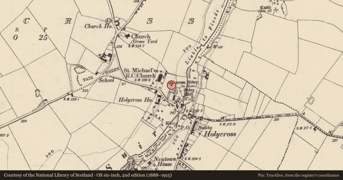 Ordnance Survey six-inch map, 2nd edition (1888–1915) covering the location of Graveyard, Holycross, County Tipperary North, with a pin at the register's coordinates