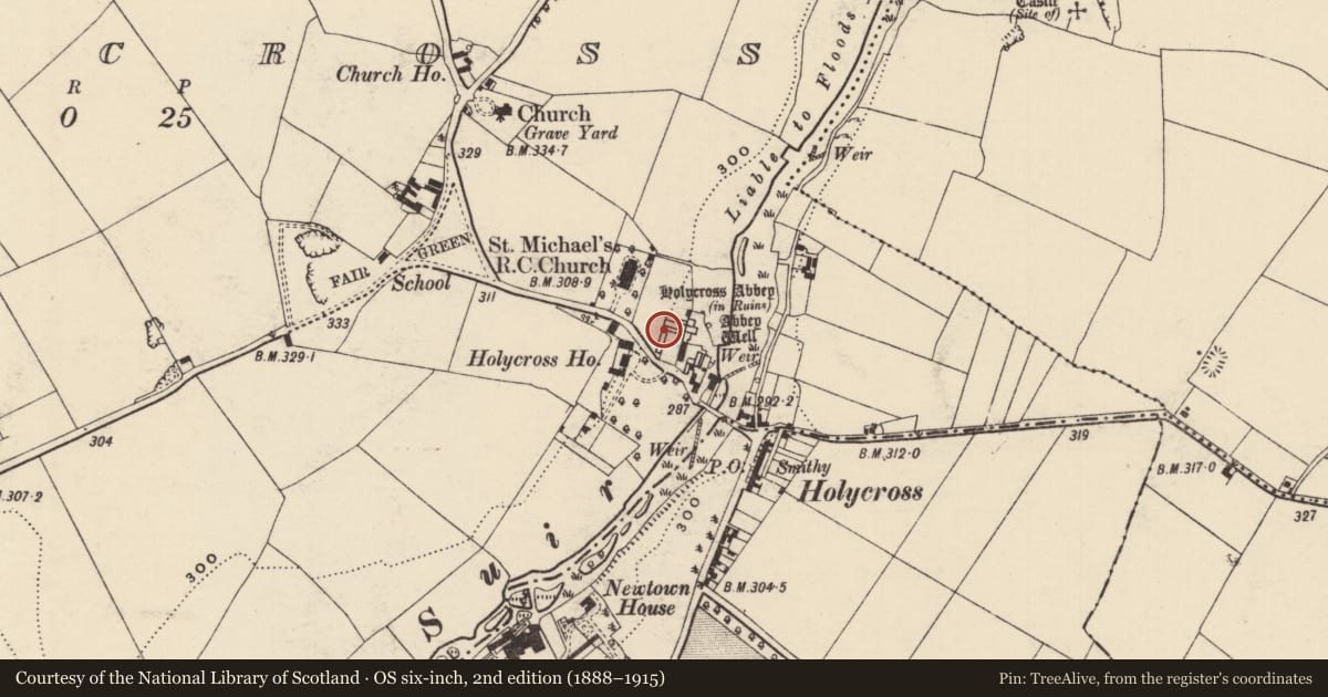 Ordnance Survey six-inch map, 2nd edition (1888–1915) covering the location of Sheela-na-gig, Holycross, County Tipperary North, with a pin at the register's coordinates