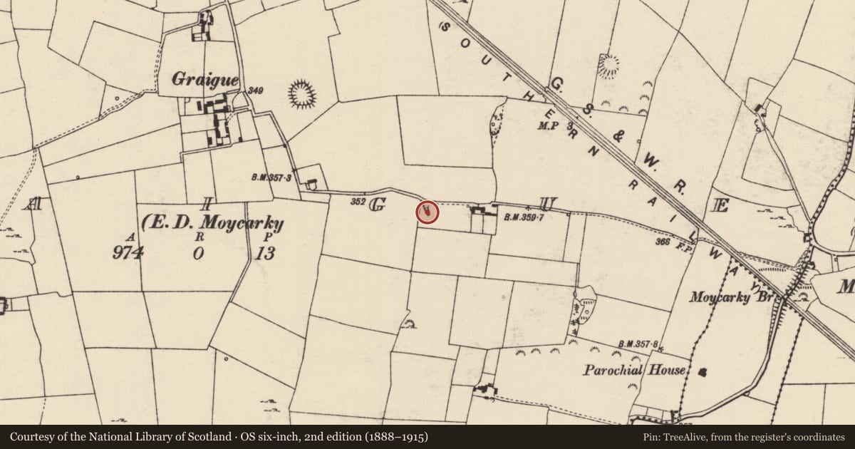 Ordnance Survey six-inch map, 2nd edition (1888–1915) covering the location of Souterrain, Graigue (Moycarky Par.), County Tipperary North, with a pin at the register's coordinates