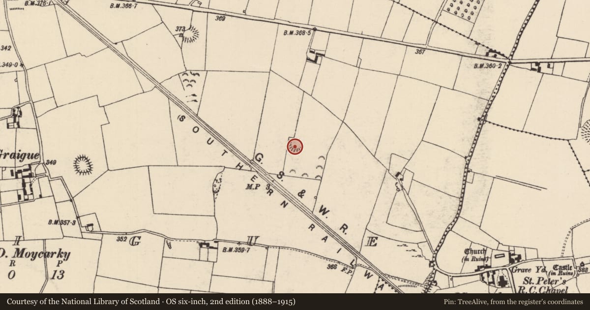 Ordnance Survey six-inch map, 2nd edition (1888–1915) covering the location of Ringfort - cashel, Graigue (Moycarky Par.), County Tipperary North, with a pin at the register's coordinates