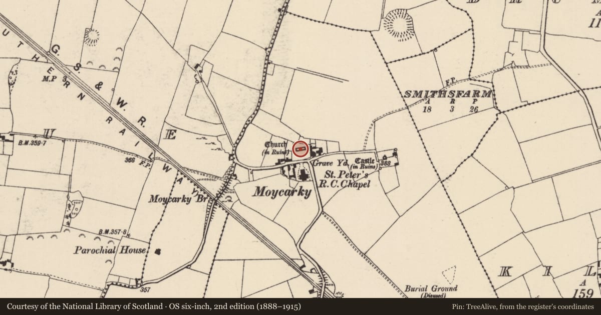 Ordnance Survey six-inch map, 2nd edition (1888–1915) covering the location of Church, Moycarky, County Tipperary North, with a pin at the register's coordinates