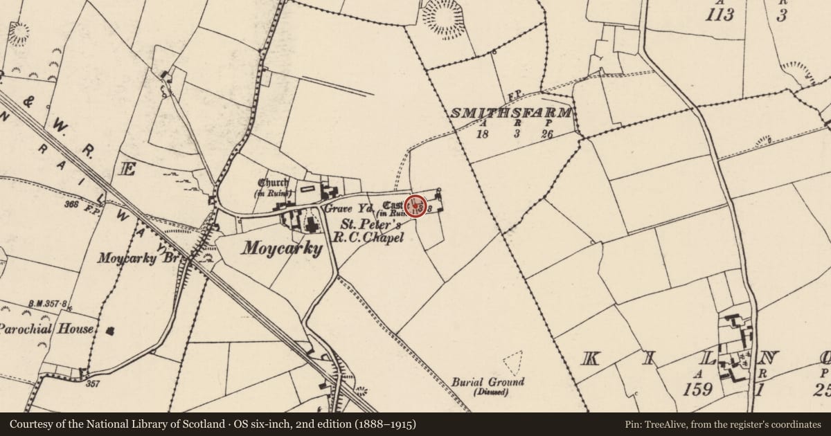 Ordnance Survey six-inch map, 2nd edition (1888–1915) covering the location of Sheela-na-gig, Moycarky, County Tipperary North, with a pin at the register's coordinates