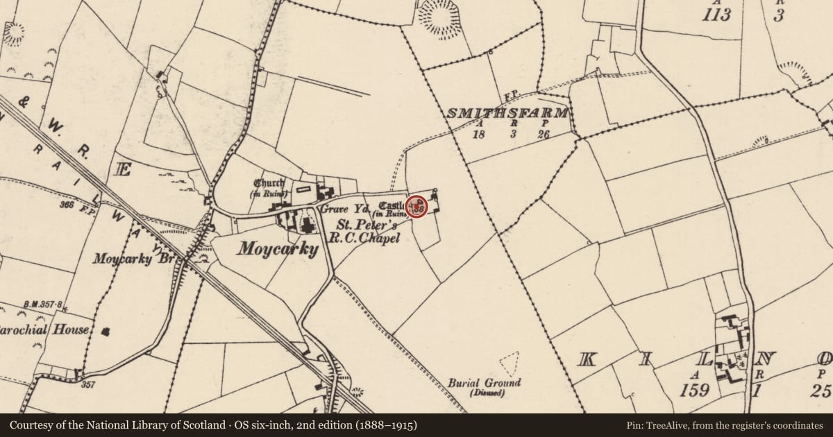 Ordnance Survey six-inch map, 2nd edition (1888–1915) covering the location of Bawn, Moycarky, County Tipperary North, with a pin at the register's coordinates