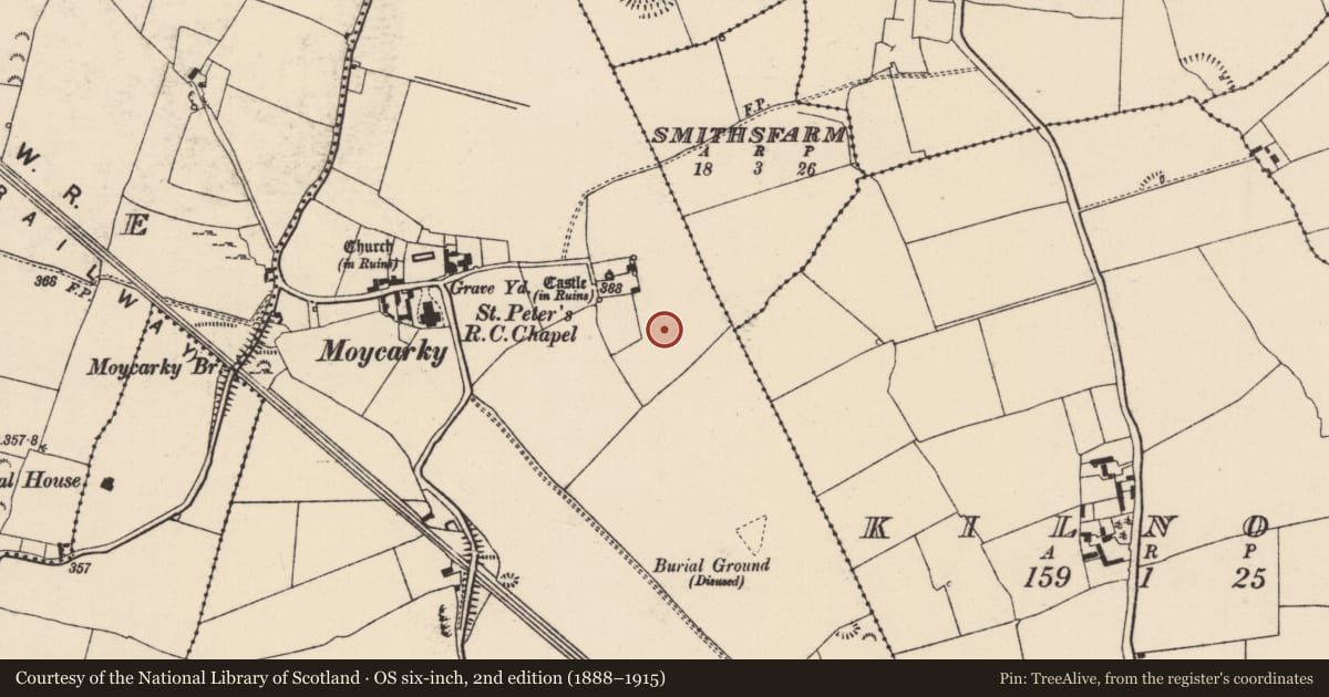 Ordnance Survey six-inch map, 2nd edition (1888–1915) covering the location of Earthwork, Moycarky, County Tipperary North, with a pin at the register's coordinates