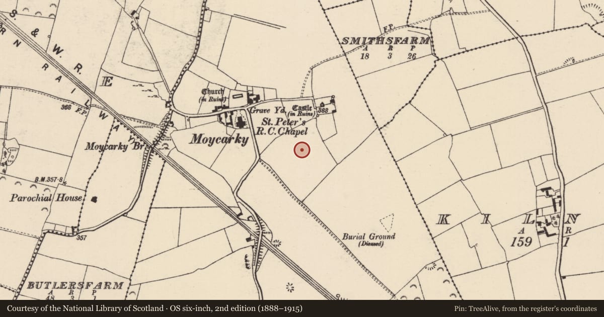 Ordnance Survey six-inch map, 2nd edition (1888–1915) covering the location of Moated site, Moycarky, County Tipperary North, with a pin at the register's coordinates