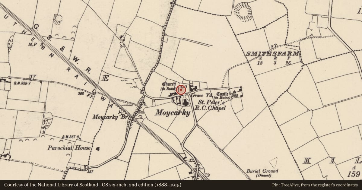 Ordnance Survey six-inch map, 2nd edition (1888–1915) covering the location of Graveyard, Moycarky, County Tipperary North, with a pin at the register's coordinates