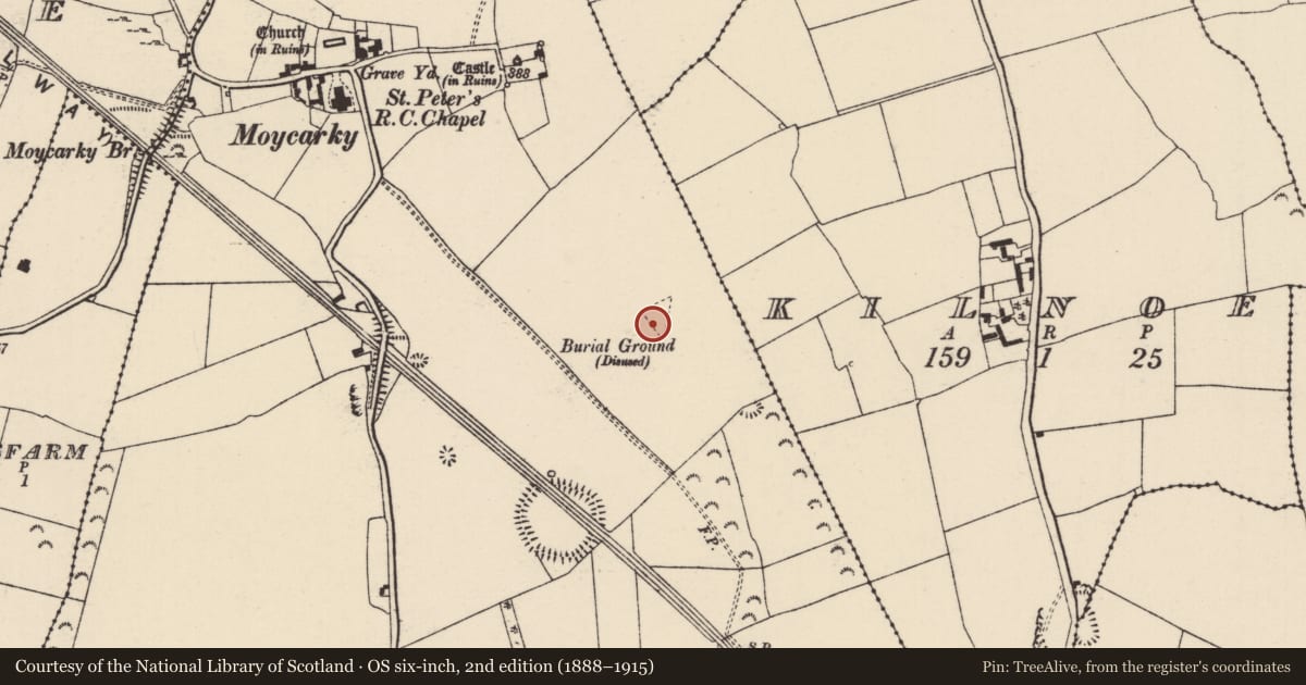 Ordnance Survey six-inch map, 2nd edition (1888–1915) covering the location of Burial ground, Moycarky, County Tipperary North, with a pin at the register's coordinates