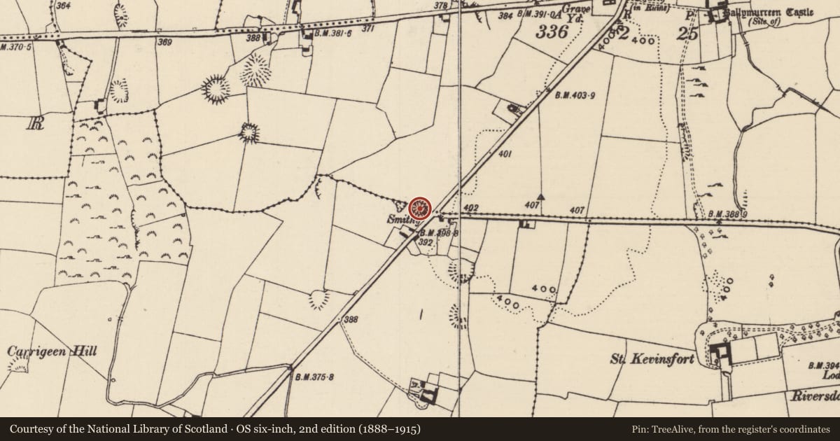 Ordnance Survey six-inch map, 2nd edition (1888–1915) covering the location of Enclosure, Ballymurreen, Parkstown, County Tipperary North, with a pin at the register's coordinates