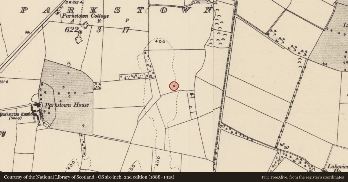 Ordnance Survey six-inch map, 2nd edition (1888–1915) covering the location of Enclosure, Parkstown, County Tipperary North, with a pin at the register's coordinates