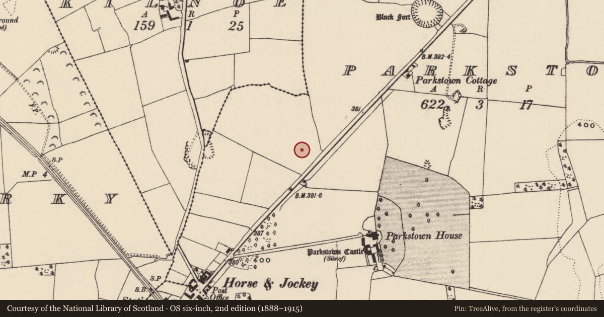 Ordnance Survey six-inch map, 2nd edition (1888–1915) covering the location of Enclosure, Parkstown, County Tipperary North, with a pin at the register's coordinates