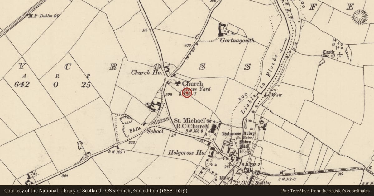Ordnance Survey six-inch map, 2nd edition (1888–1915) covering the location of Ecclesiastical enclosure, Holycross, County Tipperary North, with a pin at the register's coordinates