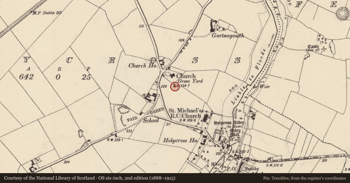 Ordnance Survey six-inch map, 2nd edition (1888–1915) covering the location of Church, Holycross, County Tipperary North, with a pin at the register's coordinates