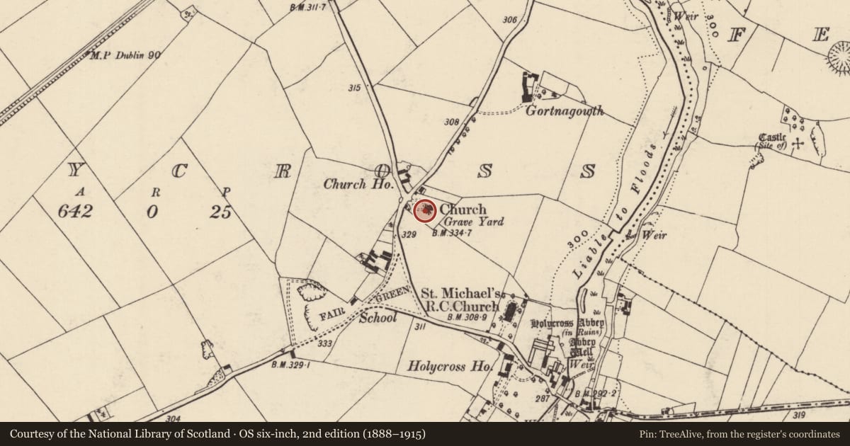 Ordnance Survey six-inch map, 2nd edition (1888–1915) covering the location of Graveyard, Holycross, County Tipperary North, with a pin at the register's coordinates
