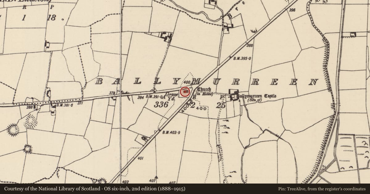Ordnance Survey six-inch map, 2nd edition (1888–1915) covering the location of Church, Ballymurreen, County Tipperary North, with a pin at the register's coordinates