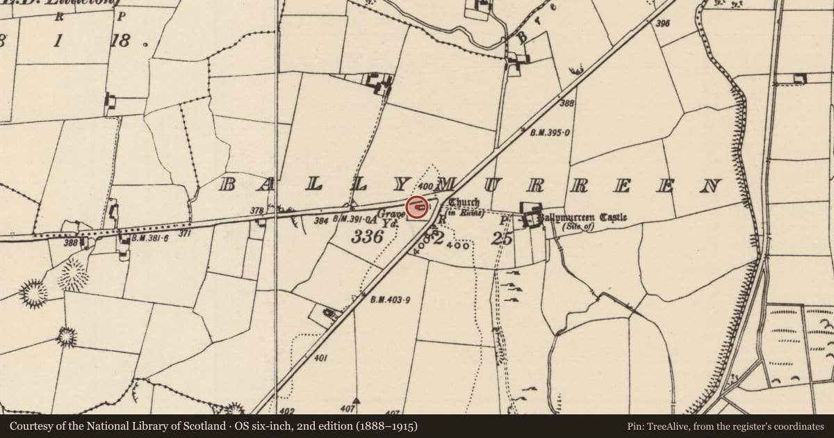 Ordnance Survey six-inch map, 2nd edition (1888–1915) covering the location of Graveyard, Ballymurreen, County Tipperary North, with a pin at the register's coordinates