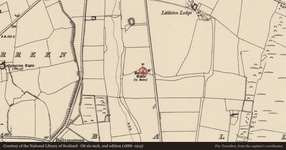 Ordnance Survey six-inch map, 2nd edition (1888–1915) covering the location of House - indeterminate date, Ballybeg (Two-mile-borris Par.), County Tipperary North, with a pin at the register's coordinates