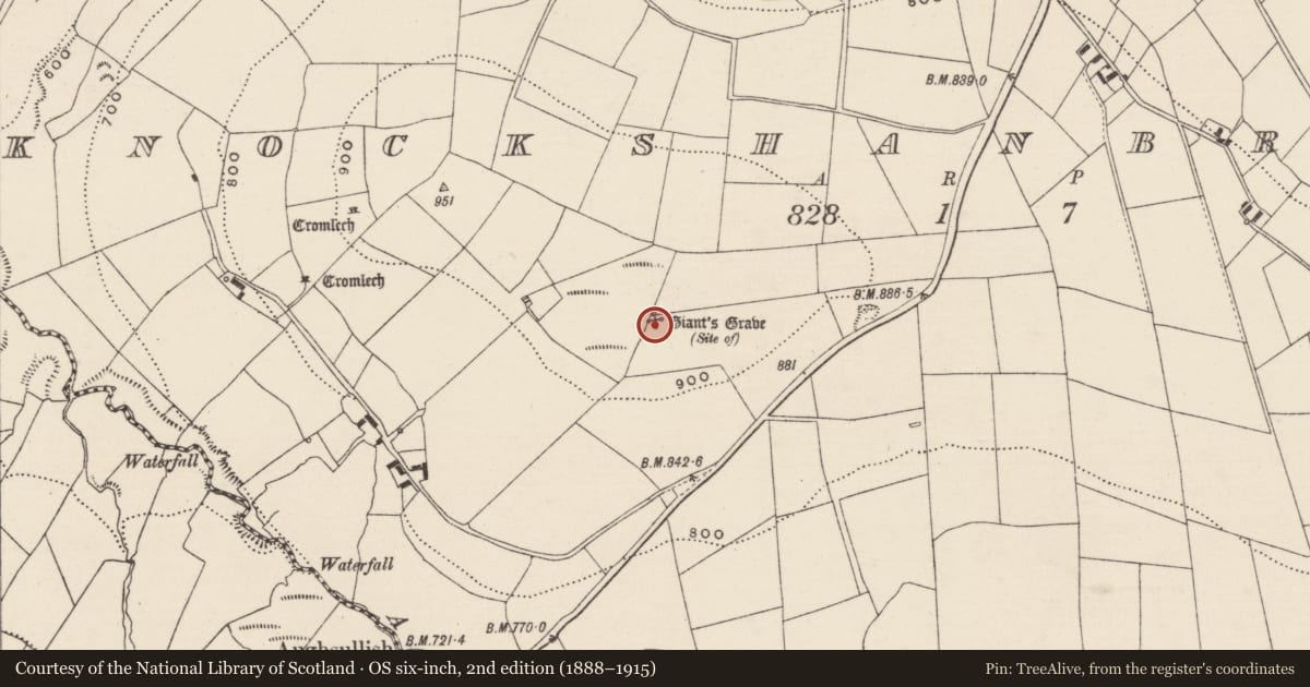 Ordnance Survey six-inch map, 2nd edition (1888–1915) covering the location of Megalithic structure, Knockshanbrittas, County Tipperary South, with a pin at the register's coordinates