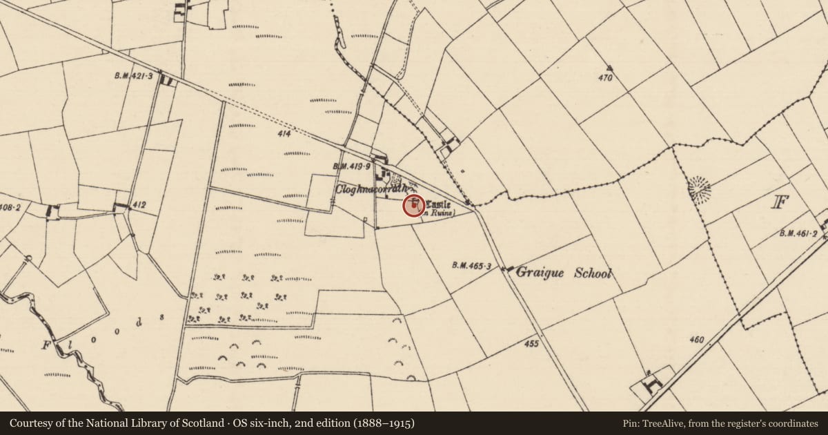 Ordnance Survey six-inch map, 2nd edition (1888–1915) covering the location of Bawn, Graiguepadeen, County Tipperary South, with a pin at the register's coordinates