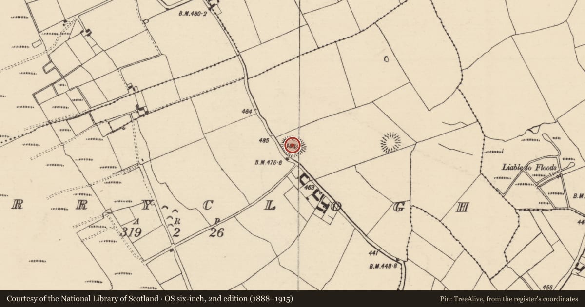 Ordnance Survey six-inch map, 2nd edition (1888–1915) covering the location of Burial ground, Garryclogh, County Tipperary South, with a pin at the register's coordinates