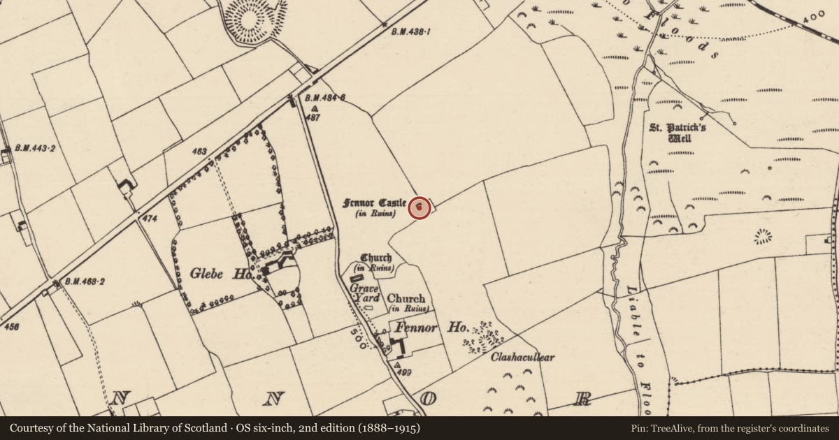 Ordnance Survey six-inch map, 2nd edition (1888–1915) covering the location of Castle - unclassified, Fennor, County Tipperary South, with a pin at the register's coordinates