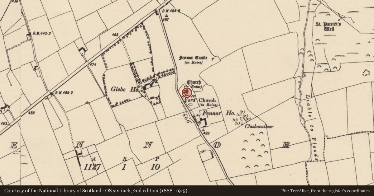 Ordnance Survey six-inch map, 2nd edition (1888–1915) covering the location of Church, Fennor, County Tipperary South, with a pin at the register's coordinates