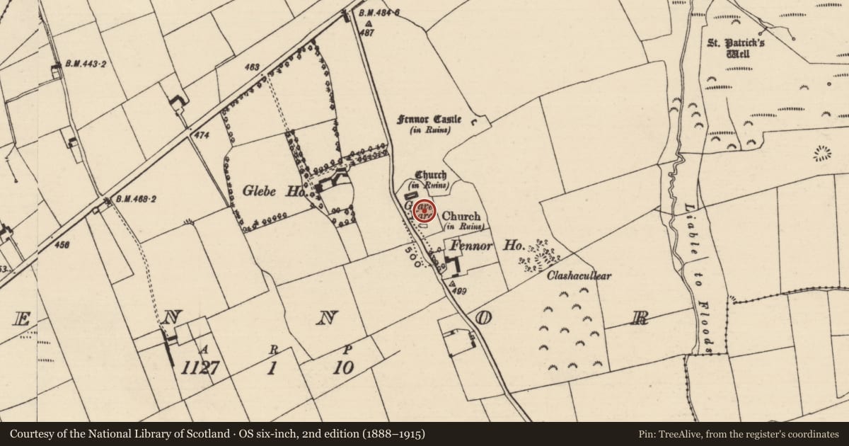 Ordnance Survey six-inch map, 2nd edition (1888–1915) covering the location of Graveyard, Fennor, County Tipperary South, with a pin at the register's coordinates