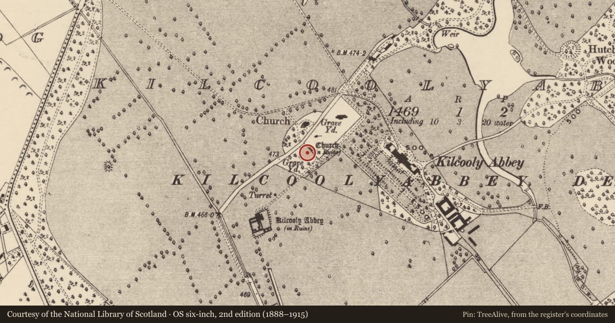 Ordnance Survey six-inch map, 2nd edition (1888–1915) covering the location of Church, Kilcoolyabbey, County Tipperary South, with a pin at the register's coordinates