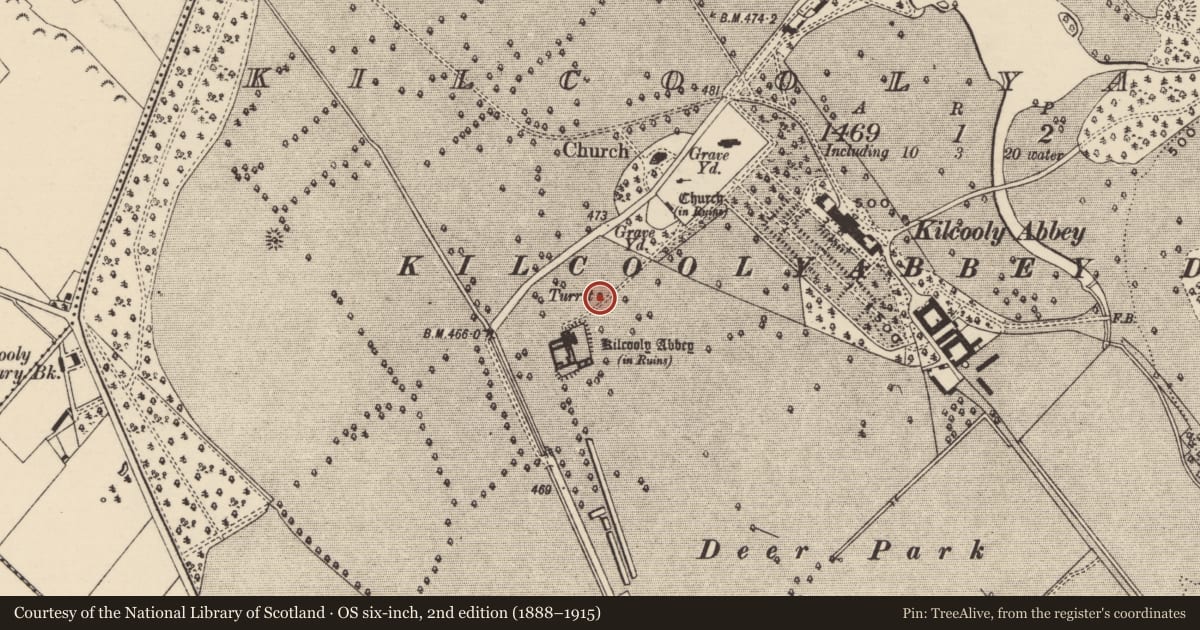 Ordnance Survey six-inch map, 2nd edition (1888–1915) covering the location of Dovecote, Kilcoolyabbey, County Tipperary South, with a pin at the register's coordinates