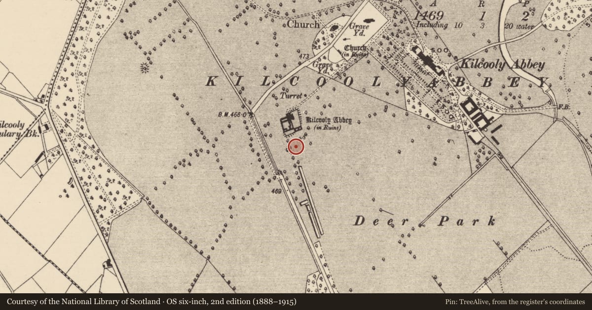 Ordnance Survey six-inch map, 2nd edition (1888–1915) covering the location of Earthwork, Kilcoolyabbey, County Tipperary South, with a pin at the register's coordinates