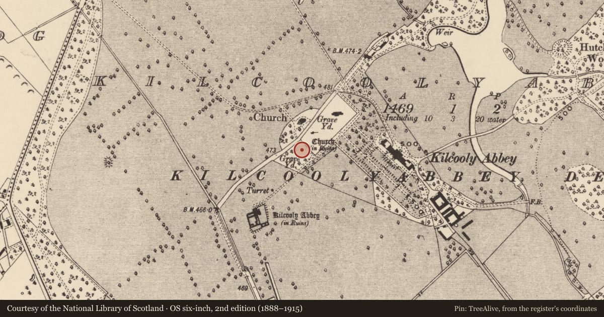 Ordnance Survey six-inch map, 2nd edition (1888–1915) covering the location of Graveyard, Kilcoolyabbey, County Tipperary South, with a pin at the register's coordinates