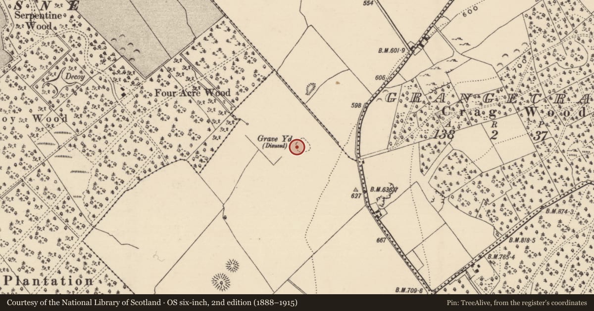 Ordnance Survey six-inch map, 2nd edition (1888–1915) covering the location of Burial ground, Grangecastle, County Tipperary South, with a pin at the register's coordinates
