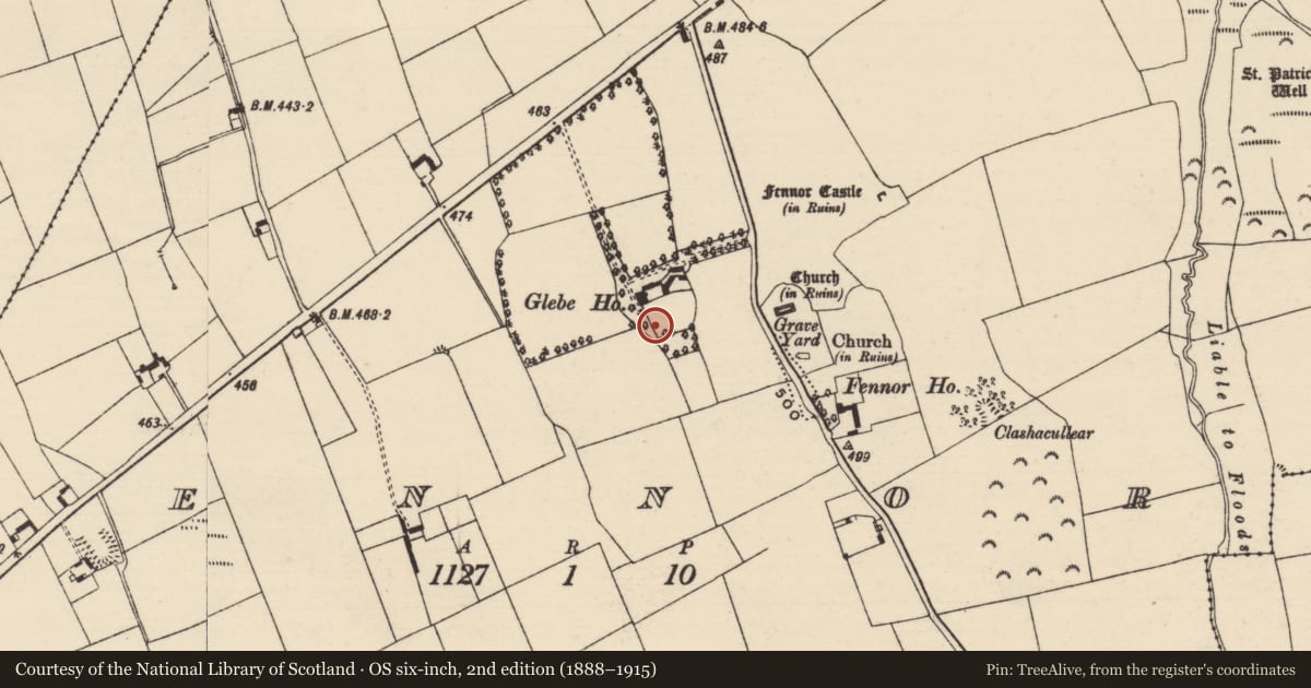 Ordnance Survey six-inch map, 2nd edition (1888–1915) covering the location of Architectural fragment, Fennor, County Tipperary South, with a pin at the register's coordinates